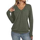 Eachyes Womens V Neck Long Sleeve Shirts Banded Bottom Pleated Tops Fall Dressy Casual Blouses 2025