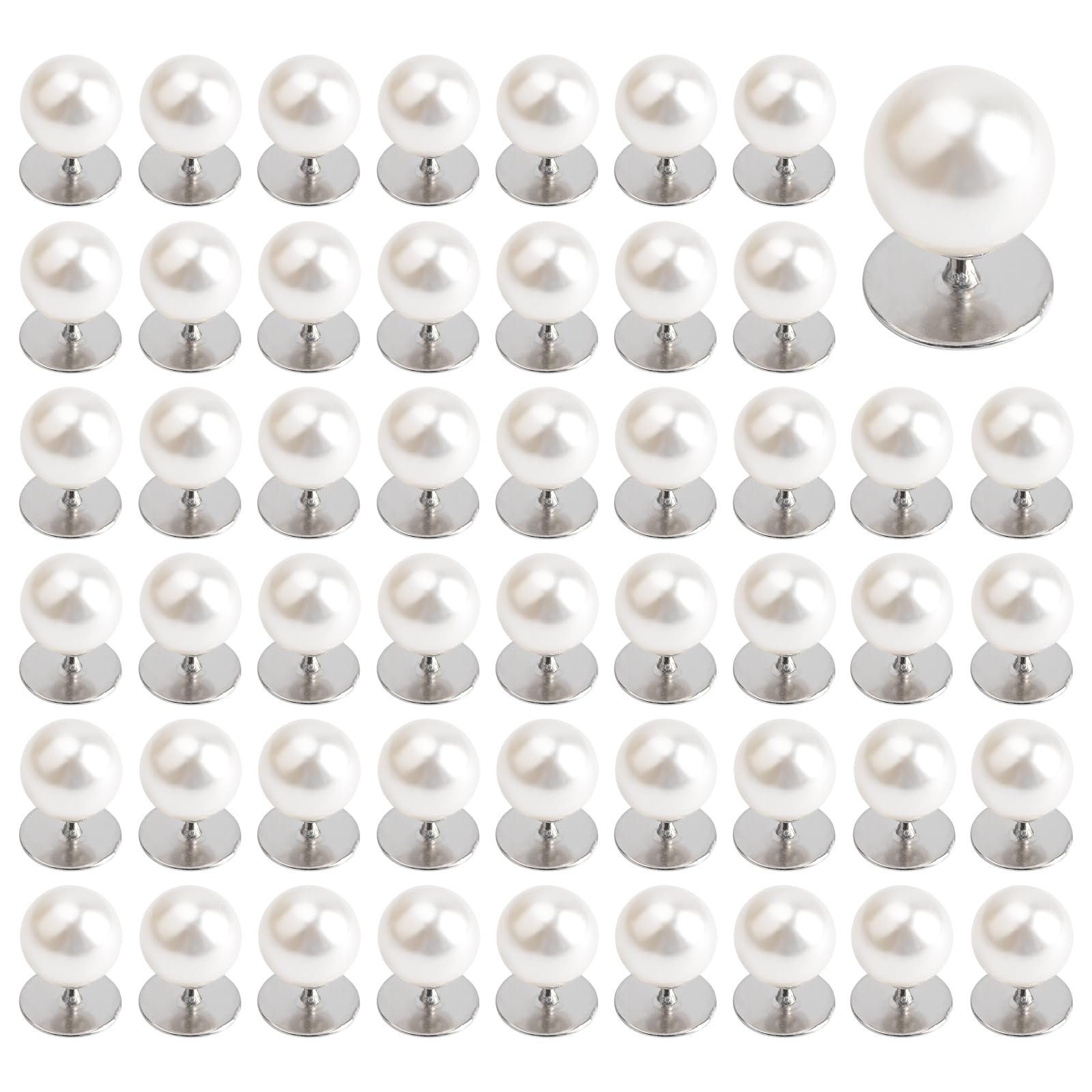 URROMA Pearl Brooch Button, 50 Sets Faux Pearl Brooch Buttons No Sew Buttons White Round Embellishments for Dress Suit Bag Decoration DIY Craft, 10 mm