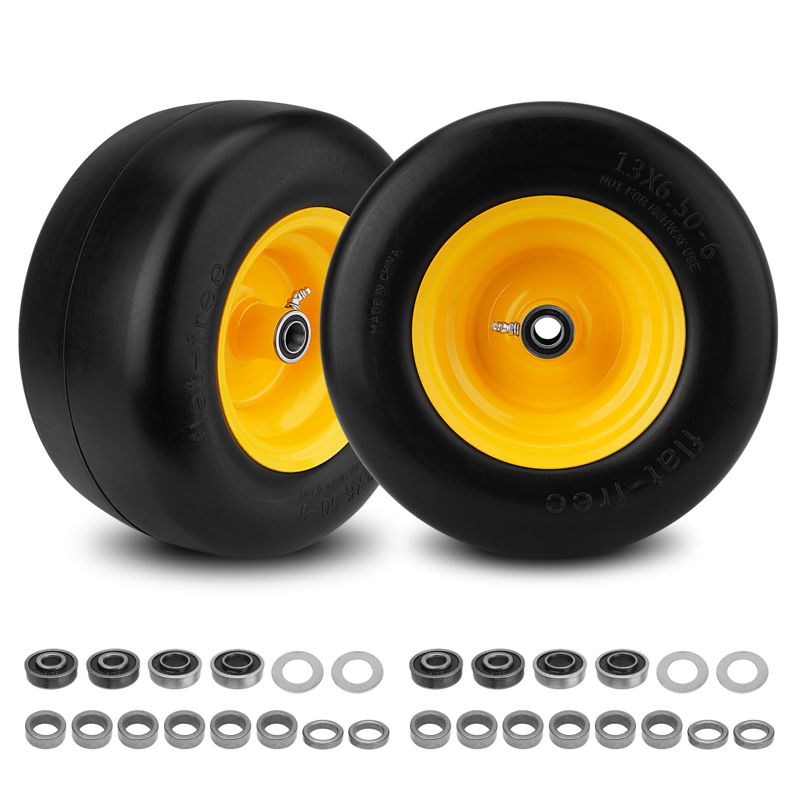 Photo 1 of 2PCS 13x6.50-6 Flat Free Tire and Wheel with 1/2" & 3/4" & 5/8" Precision Bearings and 4"-7.4" Centered Hub, Front Zero-Turn Smooth Tire Replacement for Riding Lawn Mowers Garden Tractor-Yellow
