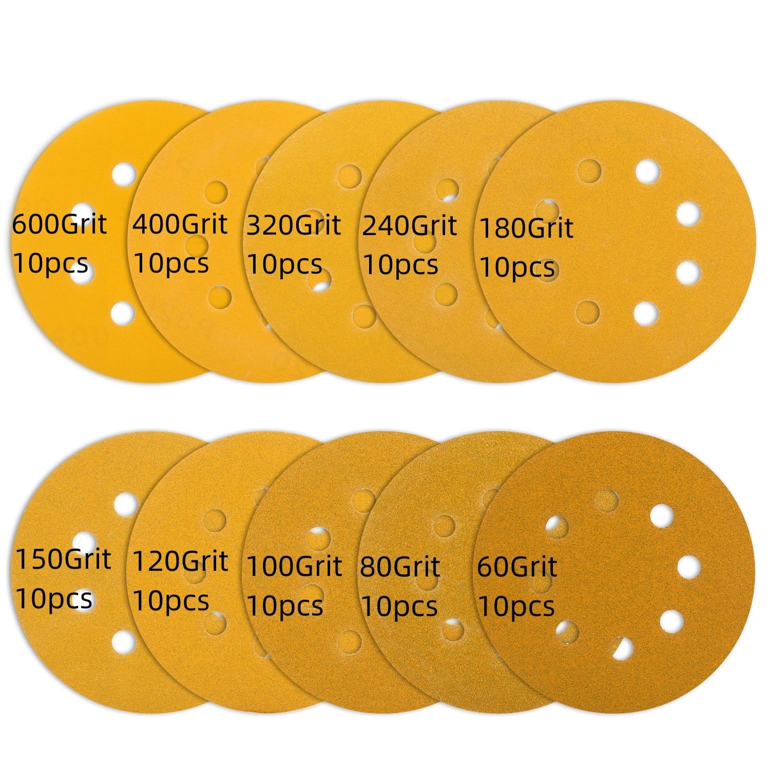 100 pcs Sanding Discs - 5 inch/125 mm, 8 Holes, Hook and Loop Sanding Pads for Random Orbital Sanders,Yellow-60/80/100/120/150/180/240/320/400/600Grit — image 1