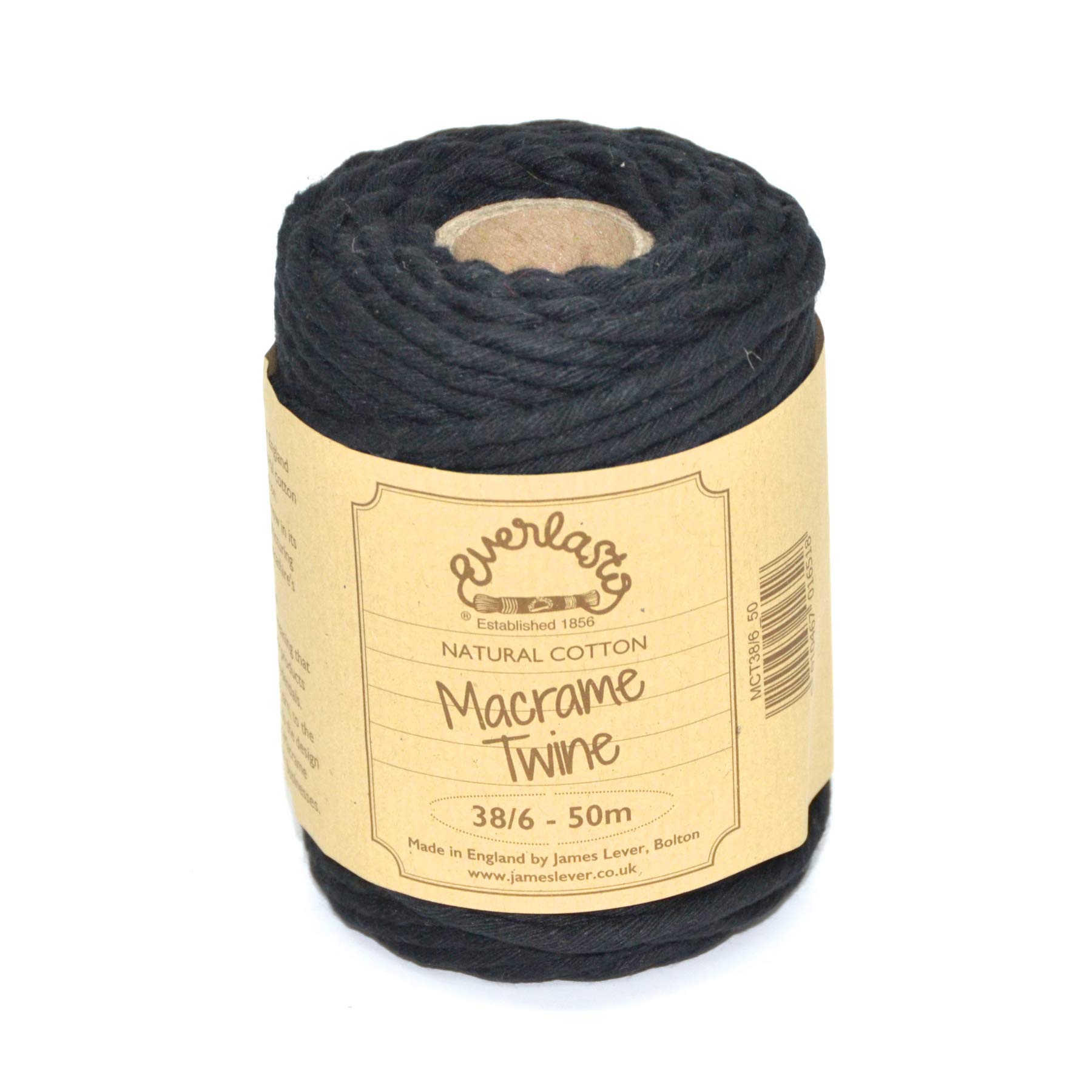 50M Spools - Everlasto Single Twist Soft Cotton Coloured Macrame Craft Twine 38/6 (4mm approx) (Black)