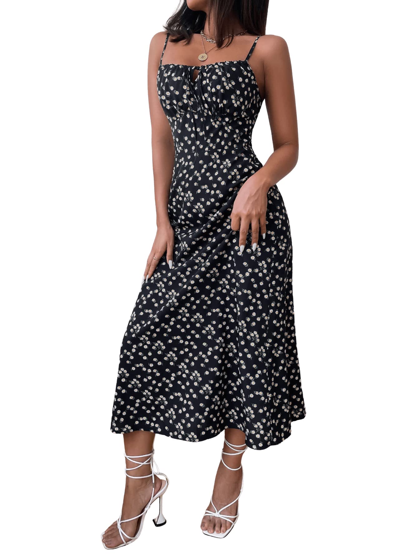 Photo 1 of SweatyRocks Women's Boho Sleeveless Floral Dress Tie Front Flared Cami Maxi Dresses Black L
