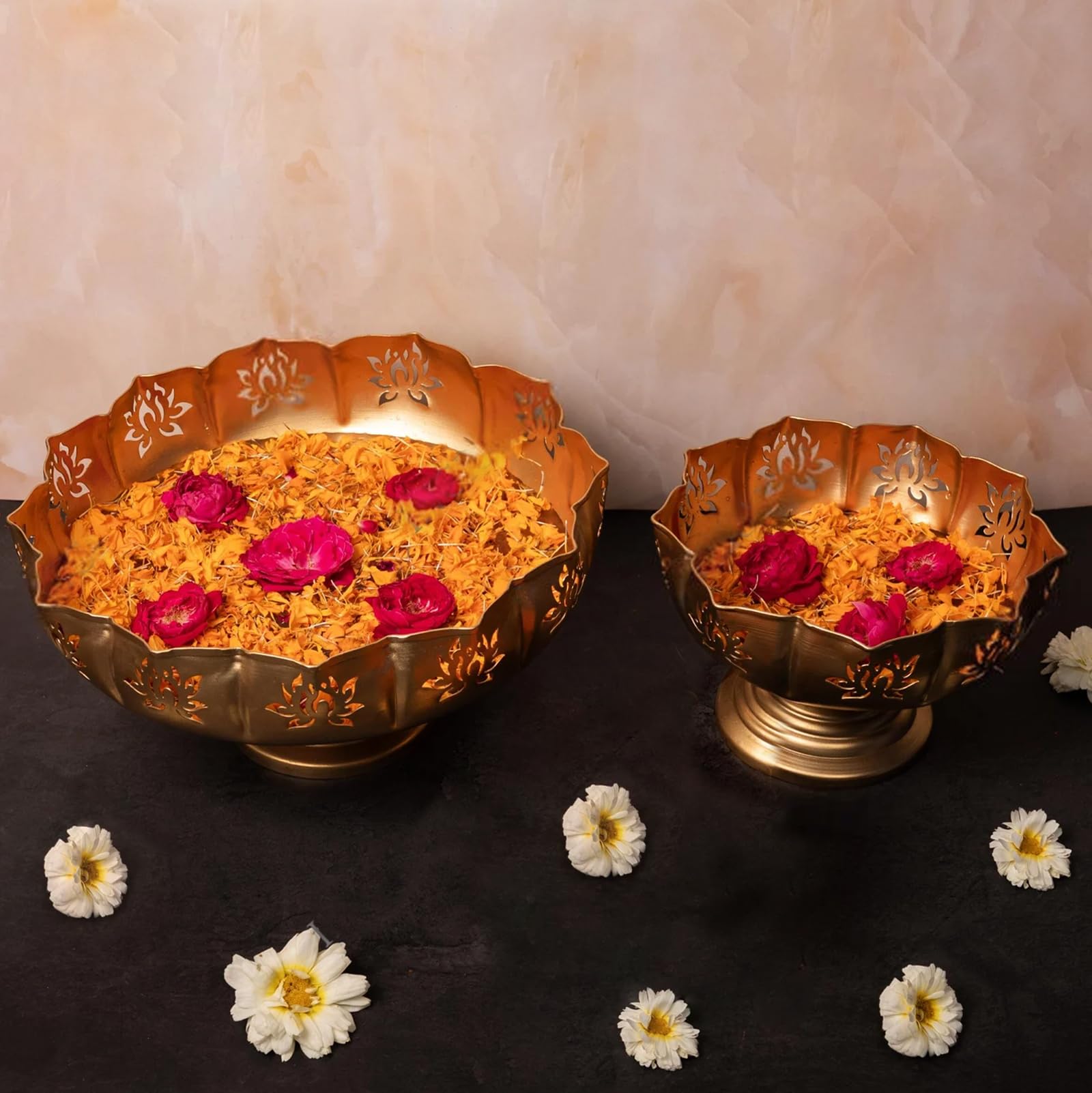 Photo 1 of TIED RIBBONS Lotus Urli Metal Bowl for Decor | Iron | Set of 2 | 10, 12 Inch | Urlis for Decoration, Diwali | Urli Bowl for Floating Flowers, Tea Light Candle, Home, Ganesh Chaturthi Decoration