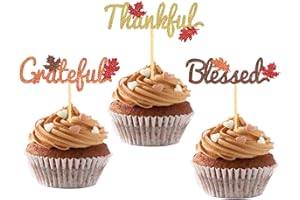 MOITKPTT 24 Pcs Fall Cupcake Toppers for Thanksgiving Day Decorations, Thankful Blessed Grateful Cake Topper for Party Supplies (Mixed C)