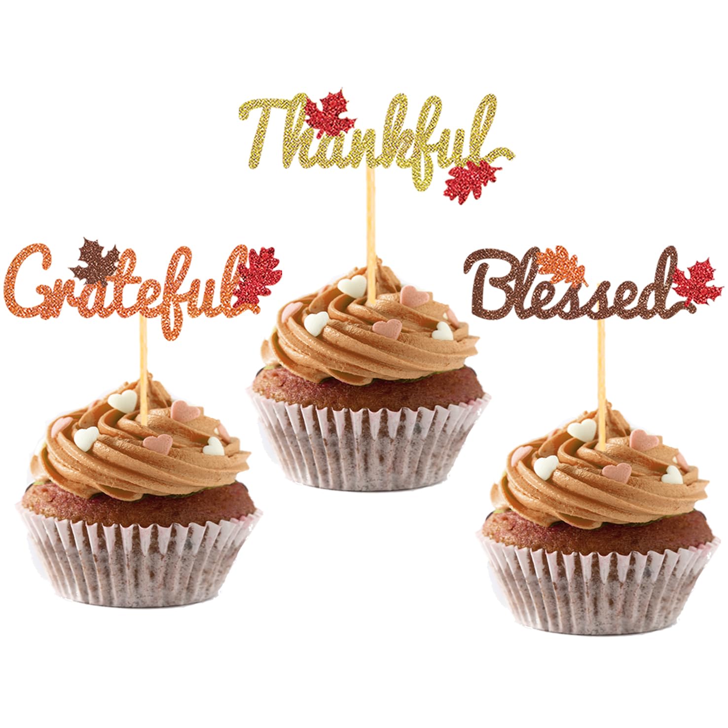 Photo 1 of 24 Pcs Fall Cupcake Toppers for Thanksgiving Day Decorations, Thankful Blessed Grateful Cake Topper for Party Supplies (Mixed C)