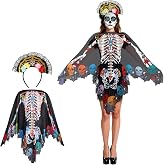 Beipegin Skeleton Costumes Women Skeleton Poncho Rose Floral Crown Face Temporary Tattoos Day of The Dead Costume Halloween