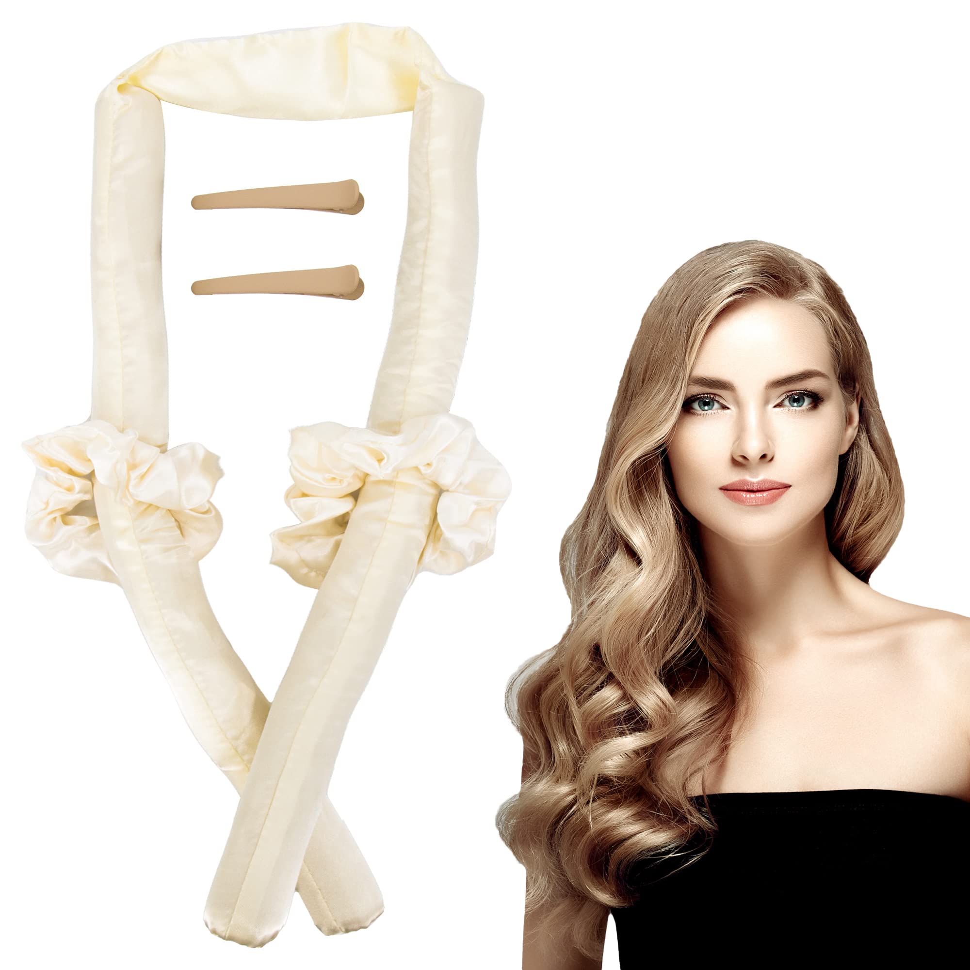 Time to Sparkle 1 SET New Hair Curlers With two ties and two duckbill clips to Sleep In Naturally and No Damage Heatless Curler for Long and Medium Beige