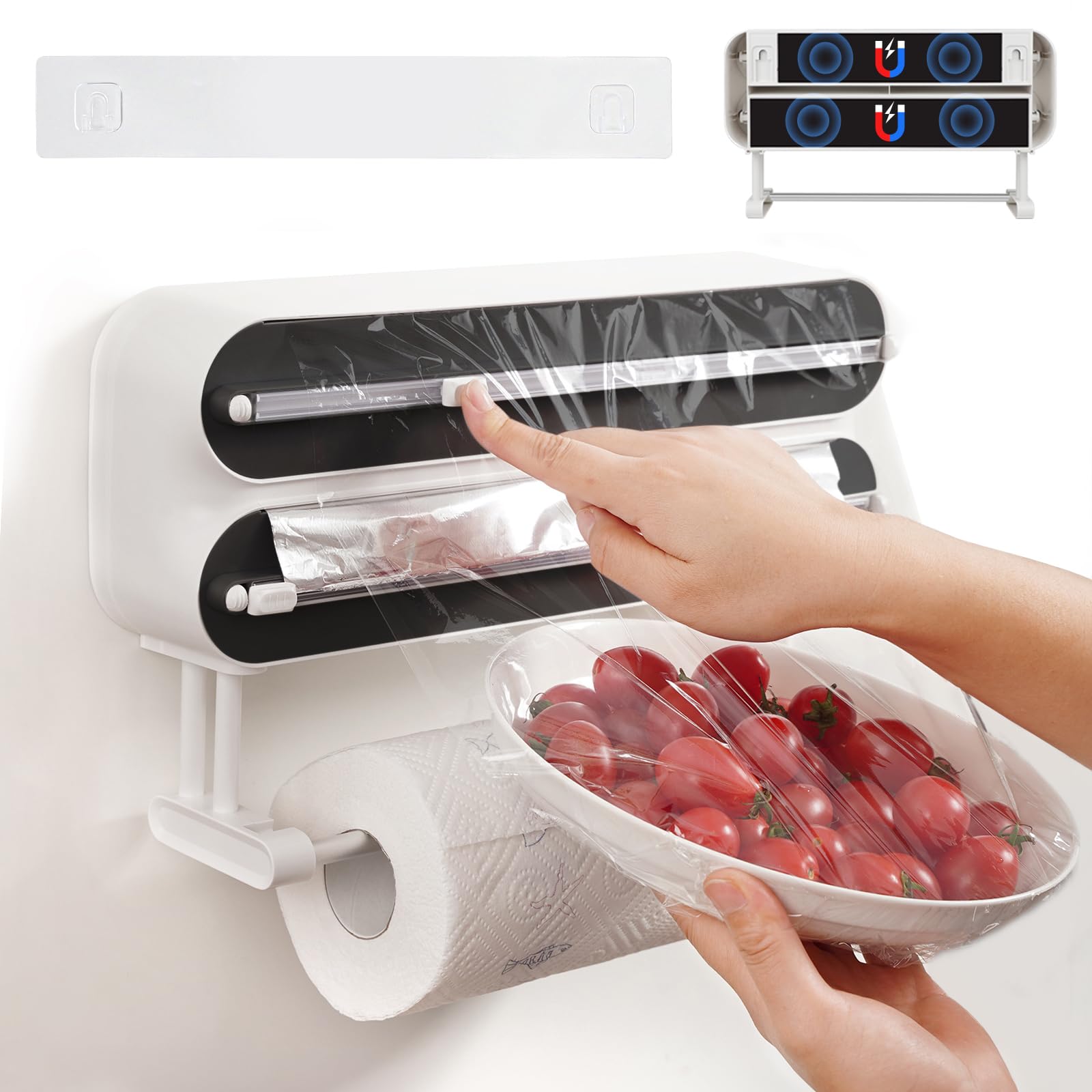 DBREAKS 3-in-1 Wall Mount Kitchen Roll Holder with Cling Film & Foil Dispenser, White Plastic