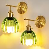 Vintage Wall Sconces Set of 2 with Green Tulip Glass Lampshade, Hardwired and Wireless Wall Mounted Light Fixtures (2 Usage Methods), Gold Lamp with Switch for Bedside Bedroom Living Room Wall Decor