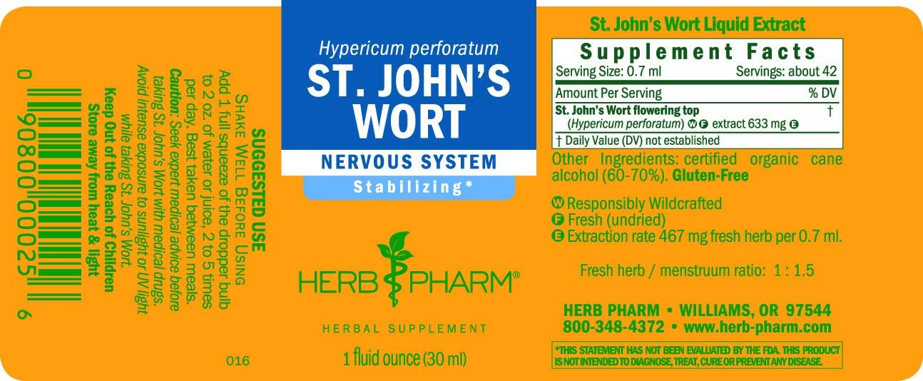 Herb Pharm St. John's Wort Liquid Extract for Positive Mood and Emotional Balance, Cane Alcohol, 1 Fl Oz: Health & Personal Care
