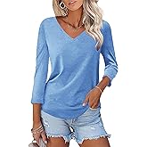 KTILG Women's V Neck T Shirts 3/4 Sleeve Blouse Summer Tops Dressy Casual Solid Basic Tees