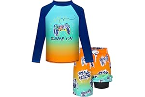SYLFAIRY Boys Rash Guard Swim Set with Swim Trunks Bathing Suit Long Sleeve Swim Shirt Quick Dry Swimsuit Kids Swimwear Size 7-16