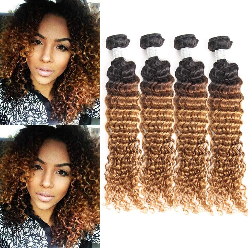 Brazilian Ombre Deep Wave Virgin Hair Weave 4 Bundles Wet and Wavy Brazilian Deep Curly Hair Bundles Ombre Human Hair Extensions Two Tone Color T1B/30(14 14 16 16)