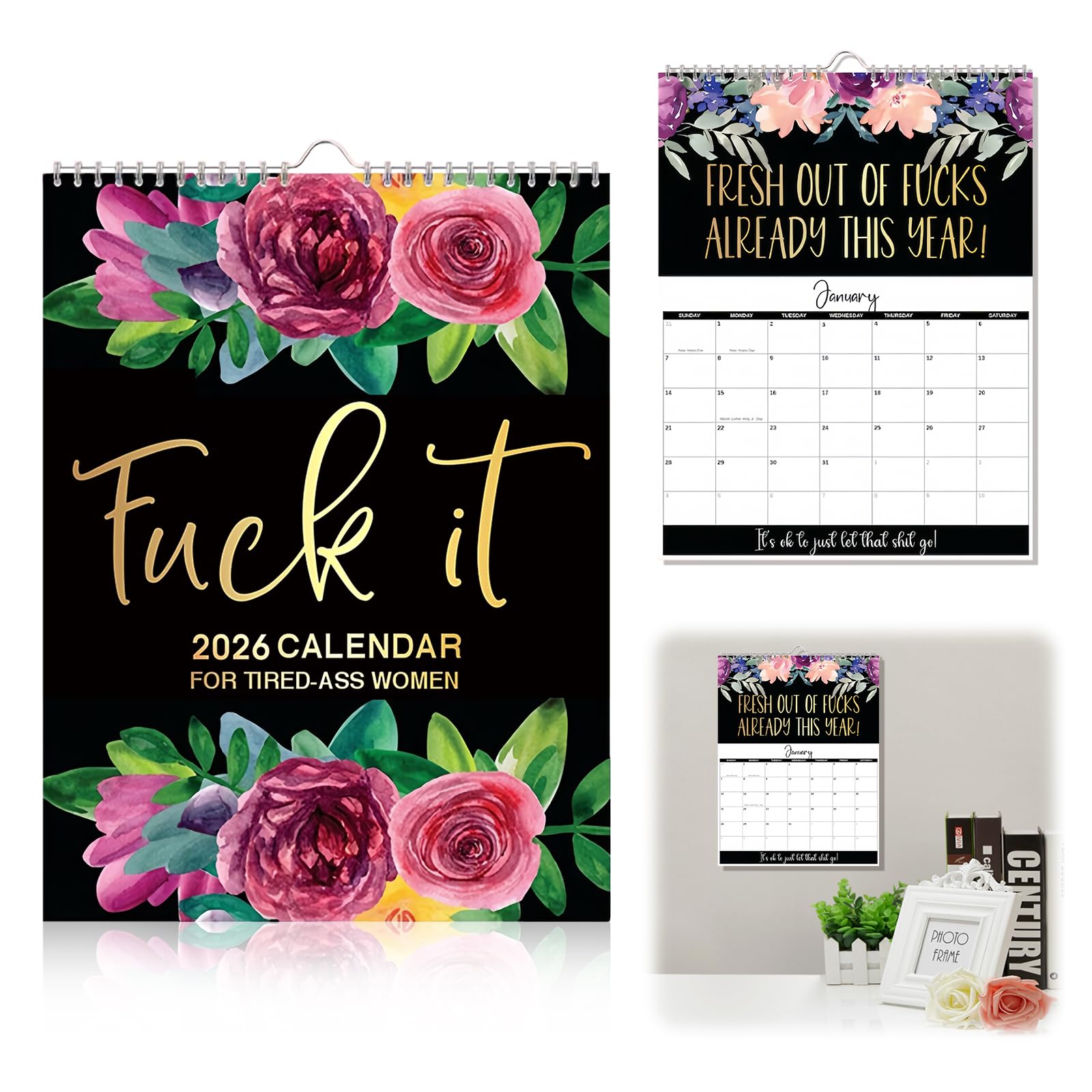 JAMSSOW 2026 Calendar UK, 2026 Fu-ck It Calendar for Tired-Ass Women, Sweary Planner with Hanging Hook for Family Home Office