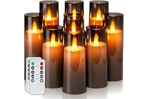 Homemory Decorative Flameless Candles, Battery Operated Candles with Remote & Timer, Flickering Led Pillar Candles, Plexiglass, Grey, Pack of 9, D2.2 xH 5" 6" 7"