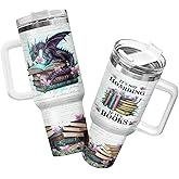 34HD Book Dragon Tumbler 40oz with Handle and Straw, It's Books Fantasy Dragons Design Stainless Steel Insulated Travel Mug, Bookish Items, Book Lover Gift for Readers & Him Her