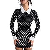 WDIRARA Women's Polka Dots Contrast Collar Long Sleeve Bodycon Mini Dress