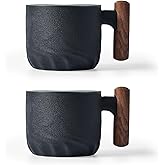 BlogBlog Ceramic Espresso Cups with Wooden Handle Espresso Shot Cups Ceramic Tea Cups Porcelain Demitasse Cups for Coffee or Tea, 2oz (black, 2)