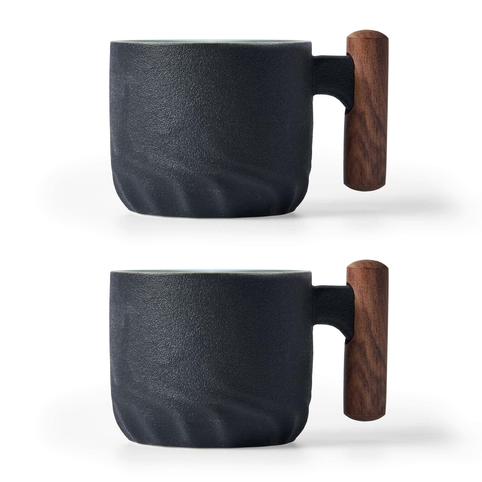 BlogBlog Ceramic Espresso Cups with Wooden Handle, Espresso Shot Glasses, Ceramic Tea Cups, Demitasse Porcelain Cups for Coffee or Tea, 89 ml (Black, 2)