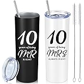 Cunhill 2 Pcs Mr. Right Mrs. Always Right Travel Tumbler Set 20 oz Wedding Engagement Anniversary Travel Mug for Husband Wife Newlywed Couples Bride Groom Anniversary(10th Straight)