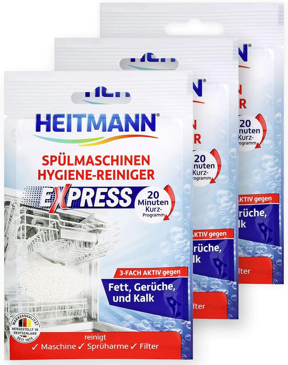 HEITMANN Express Spülmaschinen Reiniger 30g: Reiniger für Geschirr, 3fach aktiv gegen Fett, Kalk, Gerüche, wirkt schon im Kurzprogramm, spart Zeit, Energie und Kosten, 3x30g