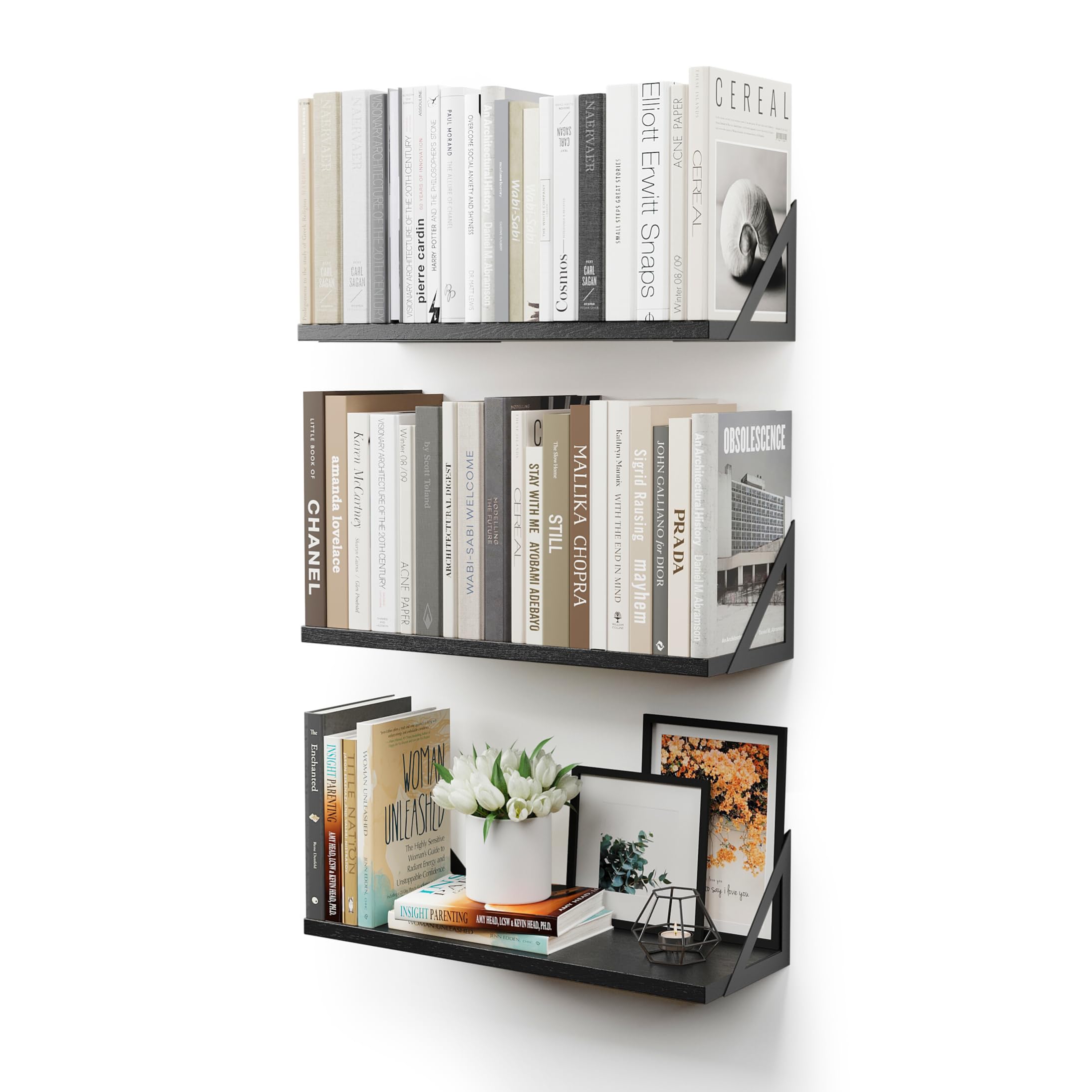 CASSA TOKO Wall Mounted Floating Book Shelves for Wall Set of 3, Shelf Bookshelf for Bedroom Living Room Office Bathroom Kitchen Rustic Wood with Metal Bracket (Black)