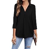 Newchoice Womens Collared V Neck 3/4 Sleeve Shirts Business Casual Tops Loose Work Blouses (M-3XL)