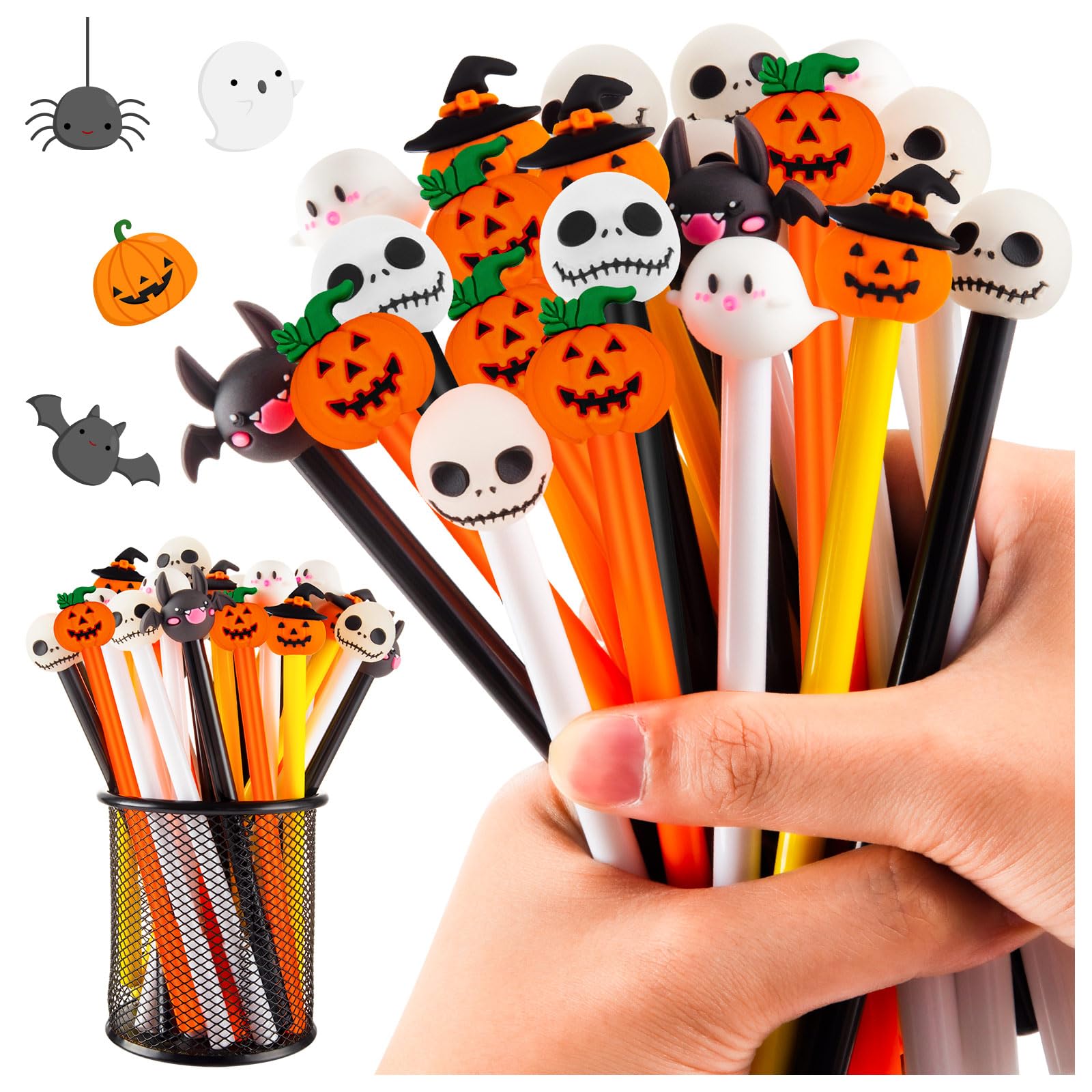 Photo 1 of 30 Pcs Halloween Pens, Pumpkin Skull Heads Ghost Bat Shape Pens, 0.5 MM Bulk Black Rollerball Pen for Halloween Thanksgiving Party Supplies School Office