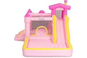 Outfunny Inflatable Bounce House, Pink Bouncy House for Kids Girls 3-12 with Slide, Outdoor & Indoor, 450W Blower - Pink