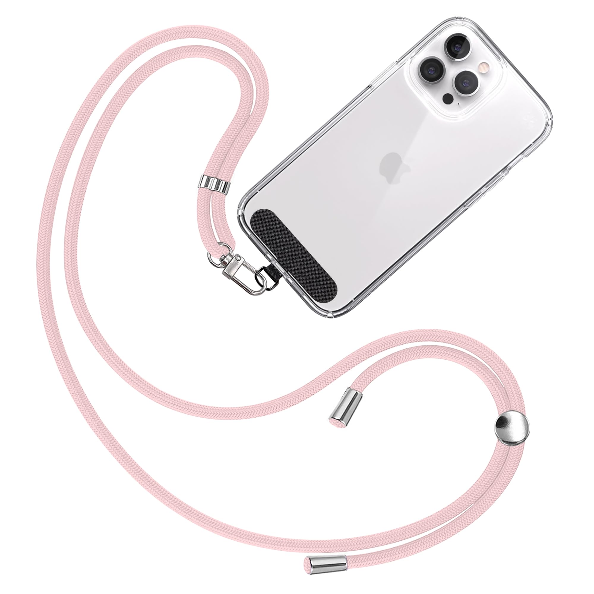 TBOC Universal Mobile Phone Lanyard [Light Pink] for Hanging Mobile Phone Case on Neck – Mobile Cord with Patch [Black] Made of Fabric – Mobile Phone Lanyard with Hook