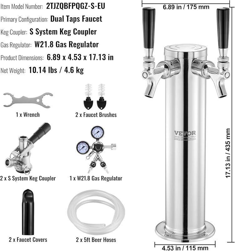 Kit Colonne à Bière 2 Robinets, Distributeur de Bière Boisson en Acier Inoxydable, Tireuse à Bière avec Régulateur à Double Jauge W21,8 et Coupleur de Fût Système S, pour Bar Restaurant Maison