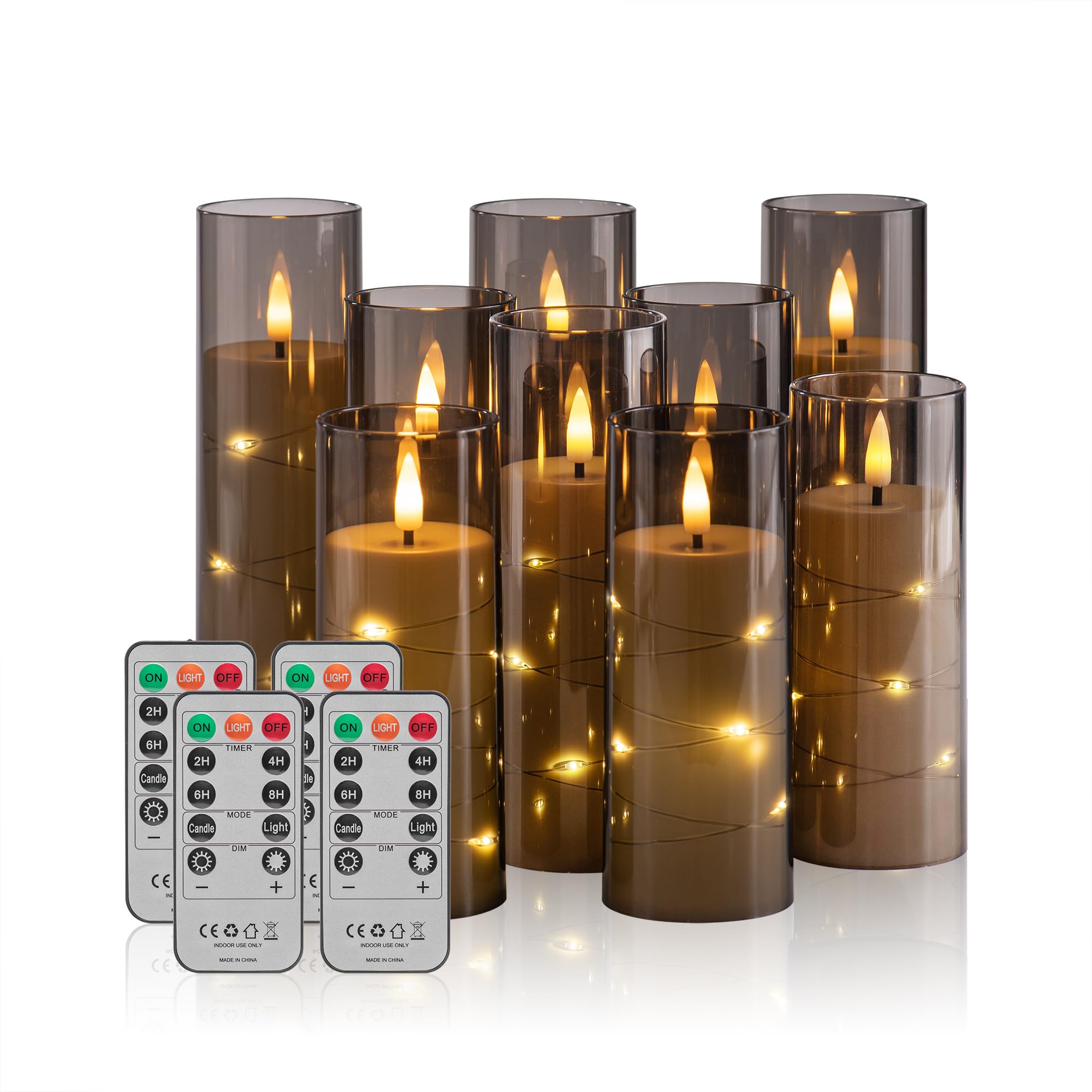 Photo 1 of Pandaing 18 Pack Flameless Battery Operated LED Candles with Remote and Timer, Flickering Candles with Embedded Star String for Romantic Ambiance and Home Decoration, Stable Acrylic Shell (Grey)