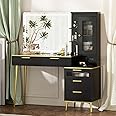 Chrangmay 47.24" Big Modern Vanity Desk with Mirror and Lights,Makeup Vanity Desk with 5 Drawers and Storage Shelves & Power Outlet,Dressing Table with Glass Top, Black..