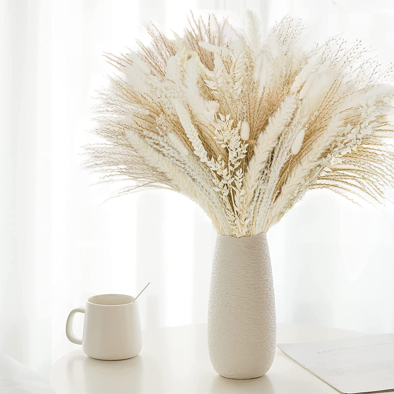 Shakeel White Dried Pampas Grass Bouquet (UK Company), 80PCS Boho Home Decoration Fluffy Pampas Grass Bouquet, White Artificial Pampas Grass Bunny Tails Dried Flowers for Wedding Floral Arrangements