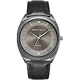 Perry Ellis Slim Diamond Men’s Watch – Round Green Dial, Brown Leather Strap, Silver Finish, Water-Resistant Analog