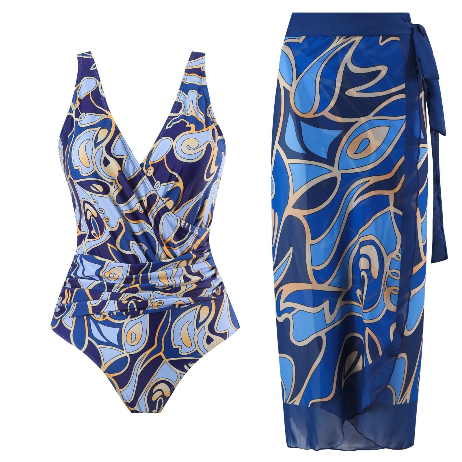 Photo 1 of (xl size) BAWHAHT Women's One Piece Swimsuit with Cover up Set Beach Wrap Skirt Retro Floral Print Bathing Suit for WomenTummy Control Blue XL