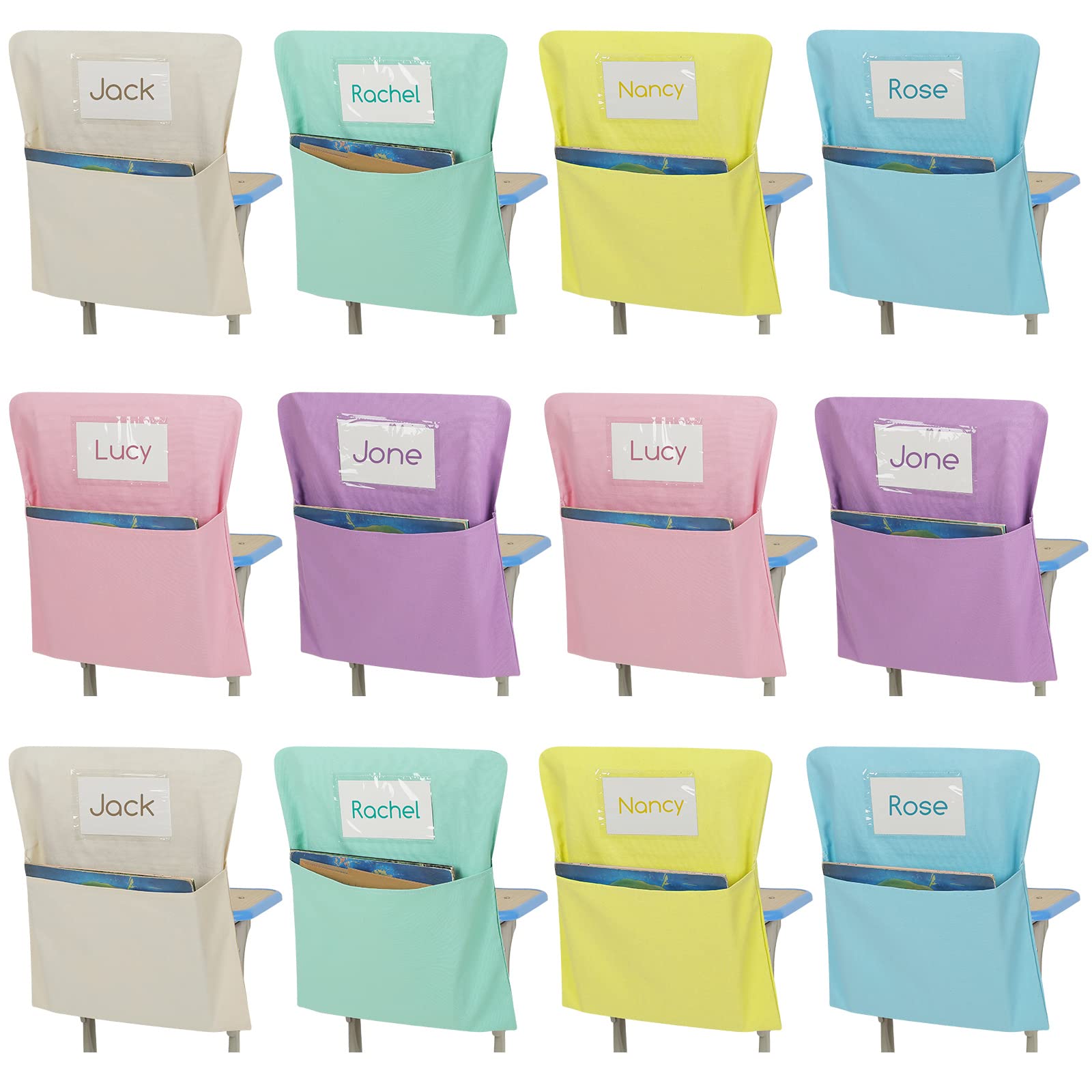 Photo 1 of Locmeo 12 Pcs Chair Pockets for Classrooms 20 x 17 Inch Chair Pockets Organizer with Name Tag for Keeping Student Book School Table Organized(Pastel)