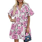 Skoinvb Women's Summer Short Puff Sleeve Floral Dress Button Down Loose Fit Casual Shirt Dresses