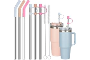 Jetstop 6 Straws with Cover for Stanley Tumbler, Reusable Stainless Steel Straws with Silicone Stoppers, Perfect for Stanley 40 oz Accessories (12 Inch 3 Straight and 3 Bent Straws Fit 40 oz)