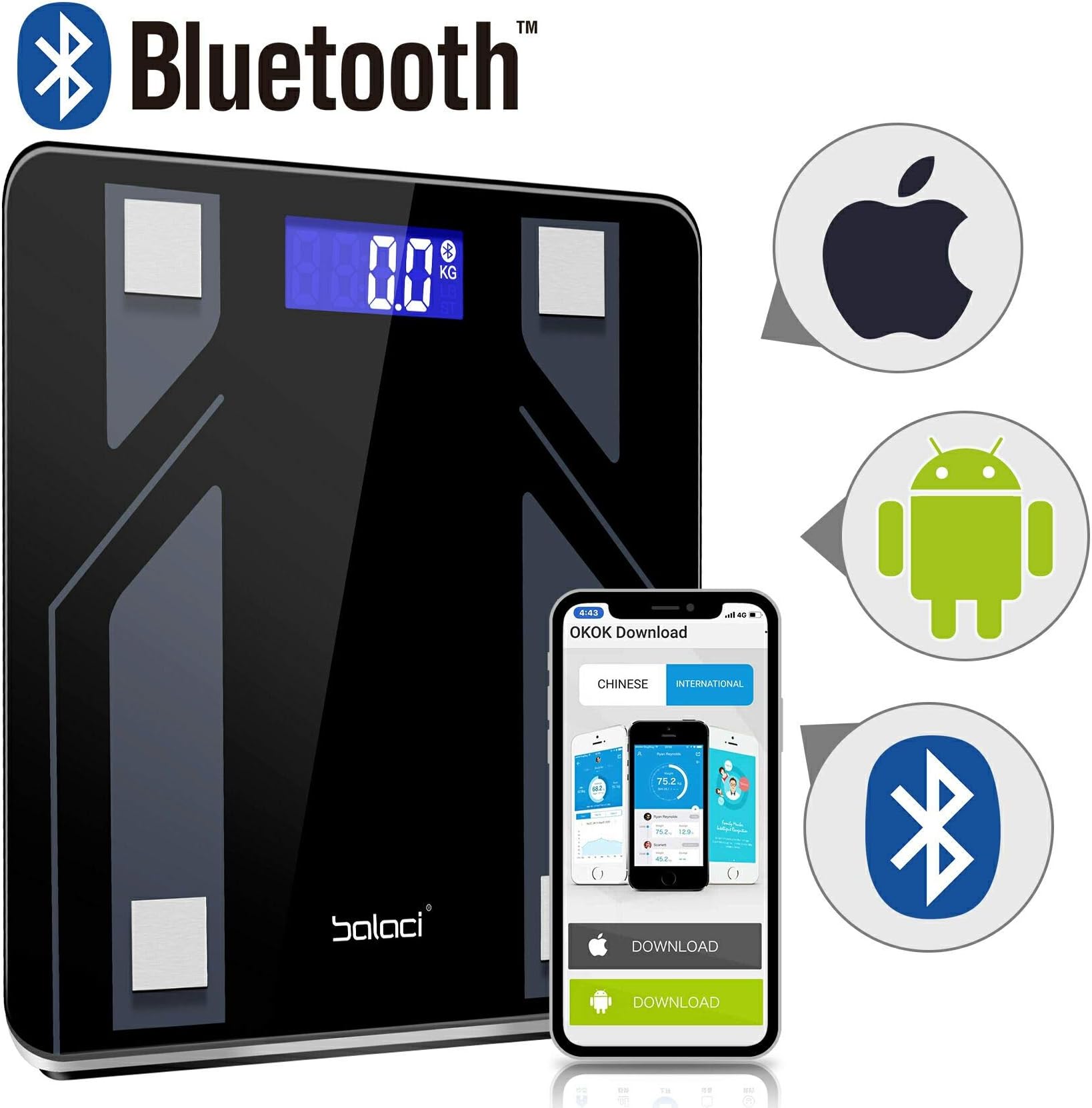 Bluetooth Body Fat Scale,Digital Body Weight Bathroom Scale，Tempered Glass, 400 Pounds Scales Weight Scale with iOS Android App Body Fat Scale for Body Weight，Fat%, BMI, Water, Muscle Mass,Basal Me