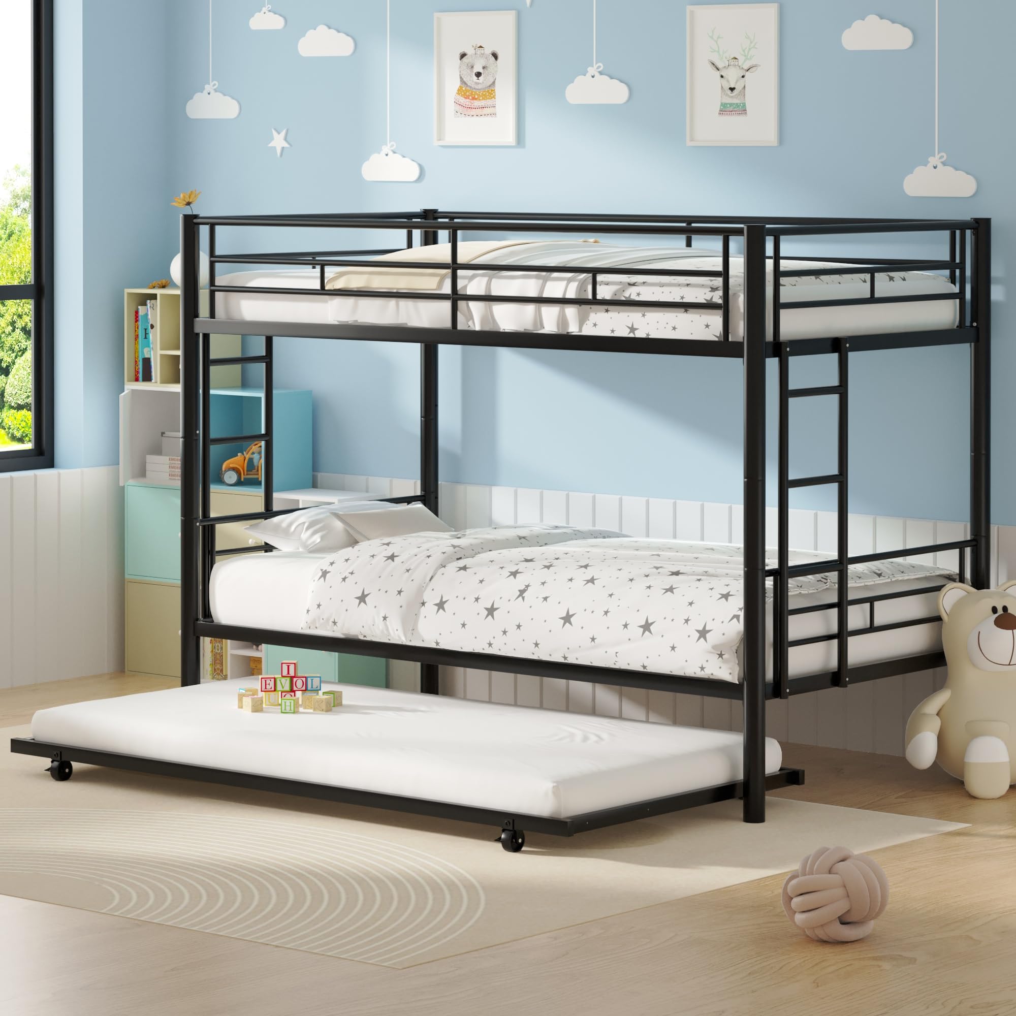 Photo 1 of VECELO Bunk Bed Twin Over Twin with Trundle, Metal Bunkbeds with Ladder and Full-Length Guardrail, No Box Spring Needed, Space Saving, Noise Free, WHITE