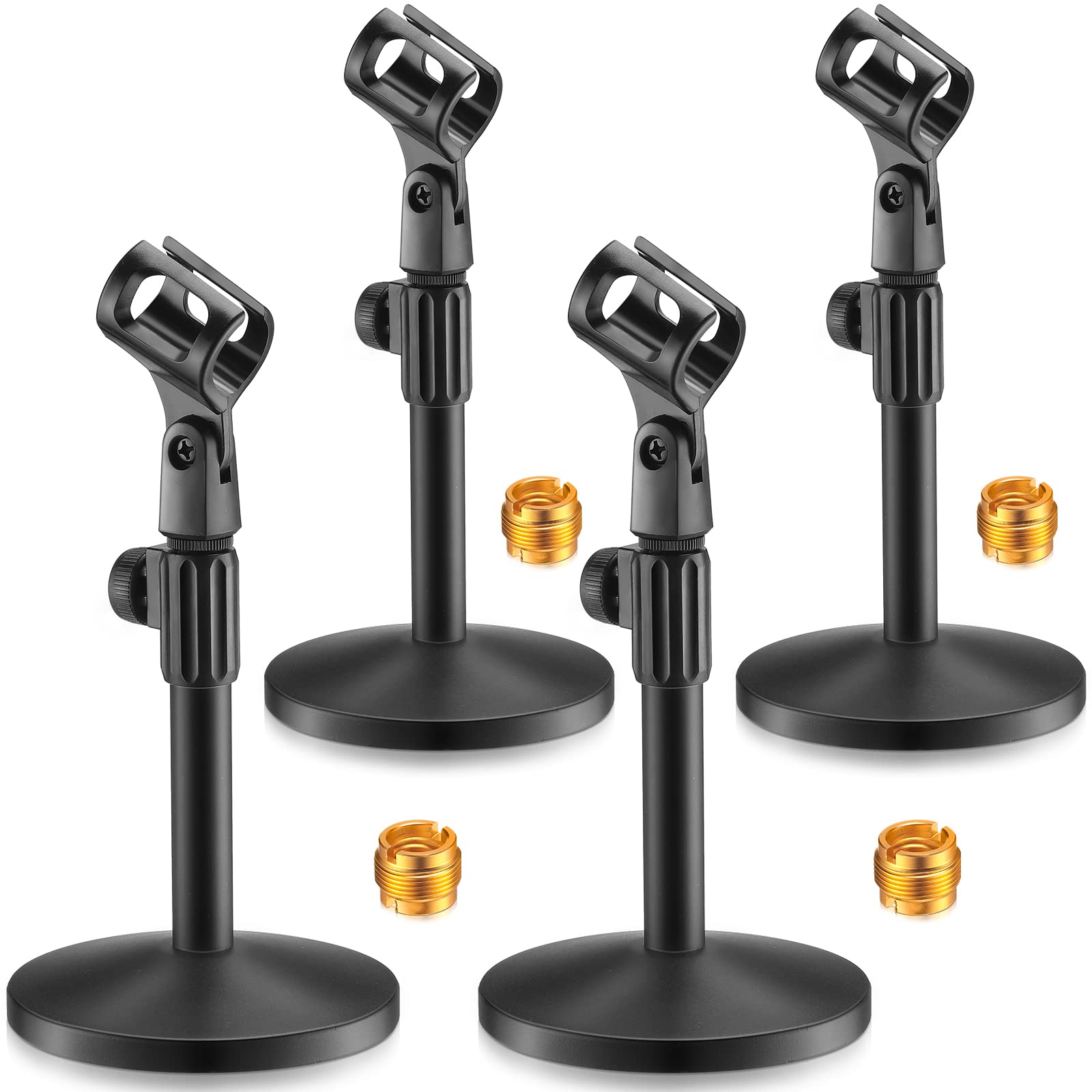 Photo 1 of Hoteam 4 Pcs Desktop Mic Stand Adjustable tabletop Mic Stand microphone desk stands with 5/8" Male to 3/8" Female Screw Metal Round Base for Table Desk Interviews, Black