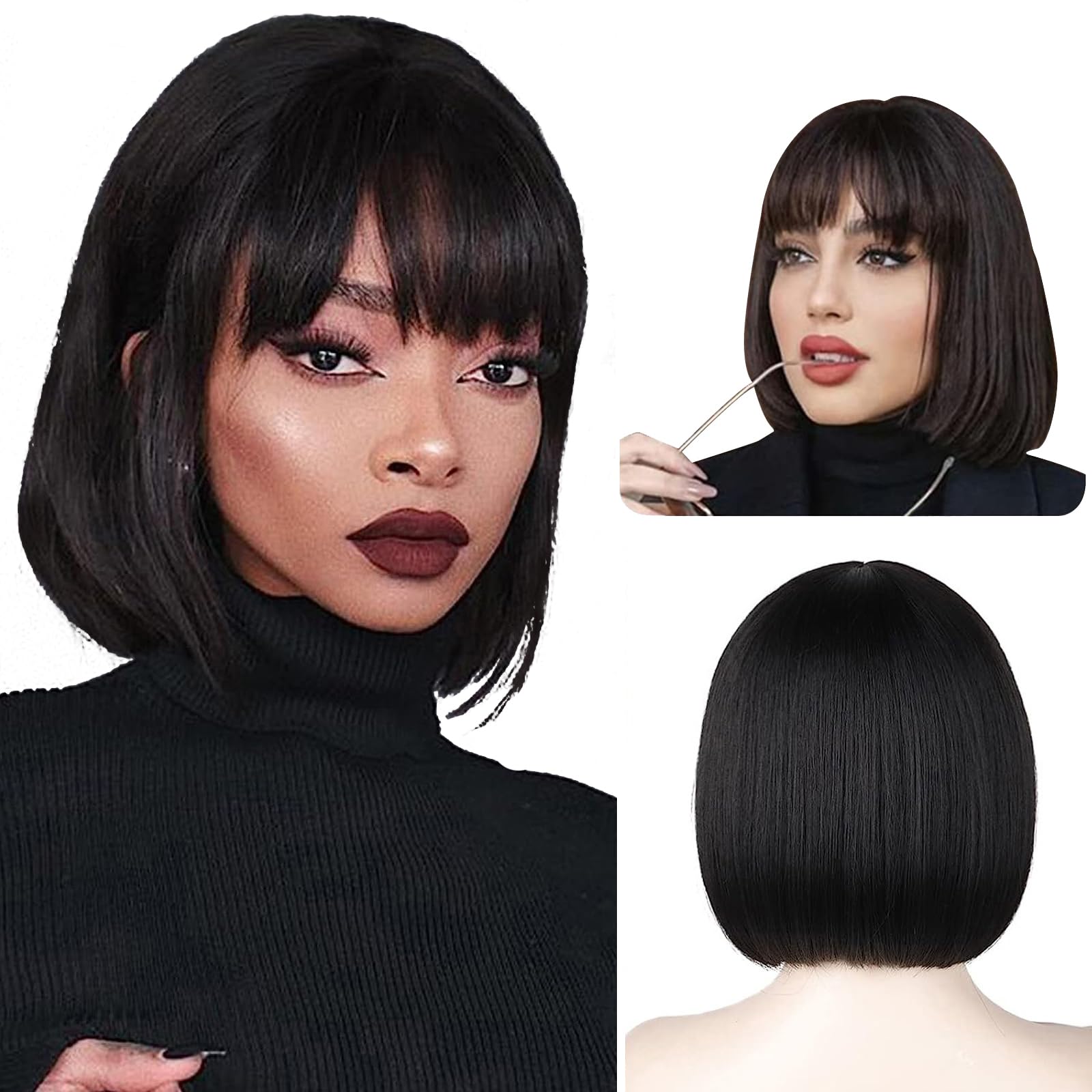 Black Bob Wig with Fringe Straight,Short Synthetic Straight Wig for Women,Bob Hair Wig Party Cosplay Costume for Women Ladies