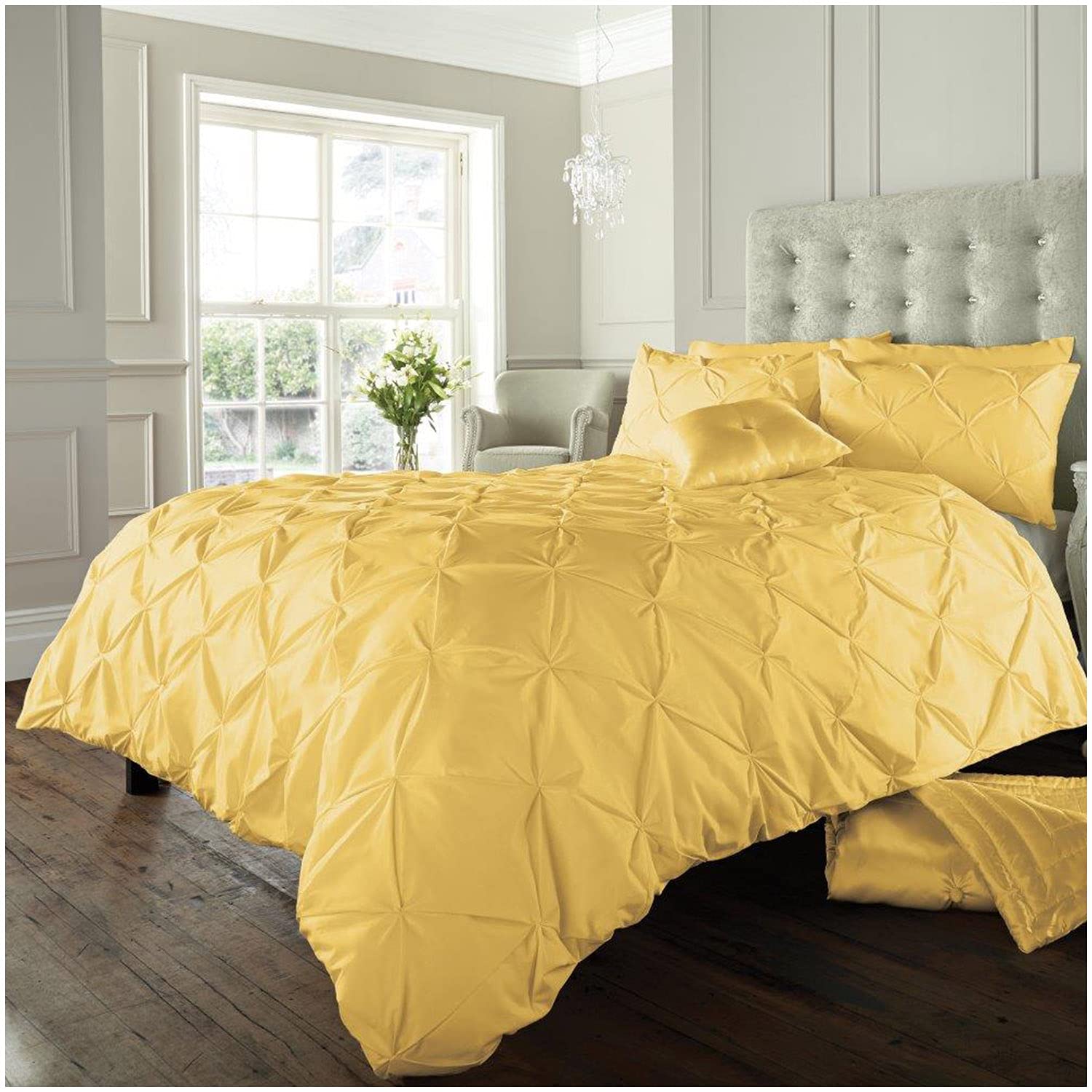GC GAVENO CAVAILIA Pleated Duvet Cover Sets, Pintuck Bedding Sets King Size, 3 Piece Quilt Comforter Covers Ochre