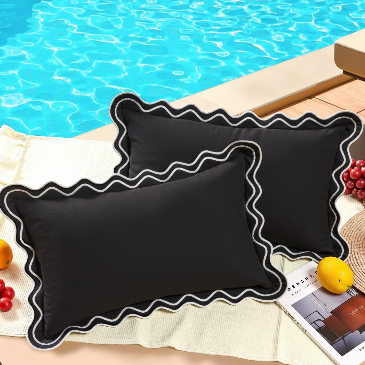 Photo 1 of ***DAMAGE, BROKEN ZIPPER REPAIR NEEDED)*** SELLING AS IS *** 
JOJOGOGO Black and White Scalloped Outdoor Lumbar Pillow Covers 12x20 Waterproof & Sunproof Set of 2, Black Outdoor Pillows Embroidered Decorative Throw Pillows for Couch Porch and Patio Furnit