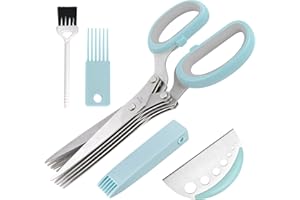 KYORYUGER Herb Scissors with 5 Blades and Cover & Herb Stripper Tools Premium Kitchen Scissors for Food Vegetable Scissors Stainless Steel Kitchen Shears for Food Salad Scissors Kitchen Food Scissors Blue