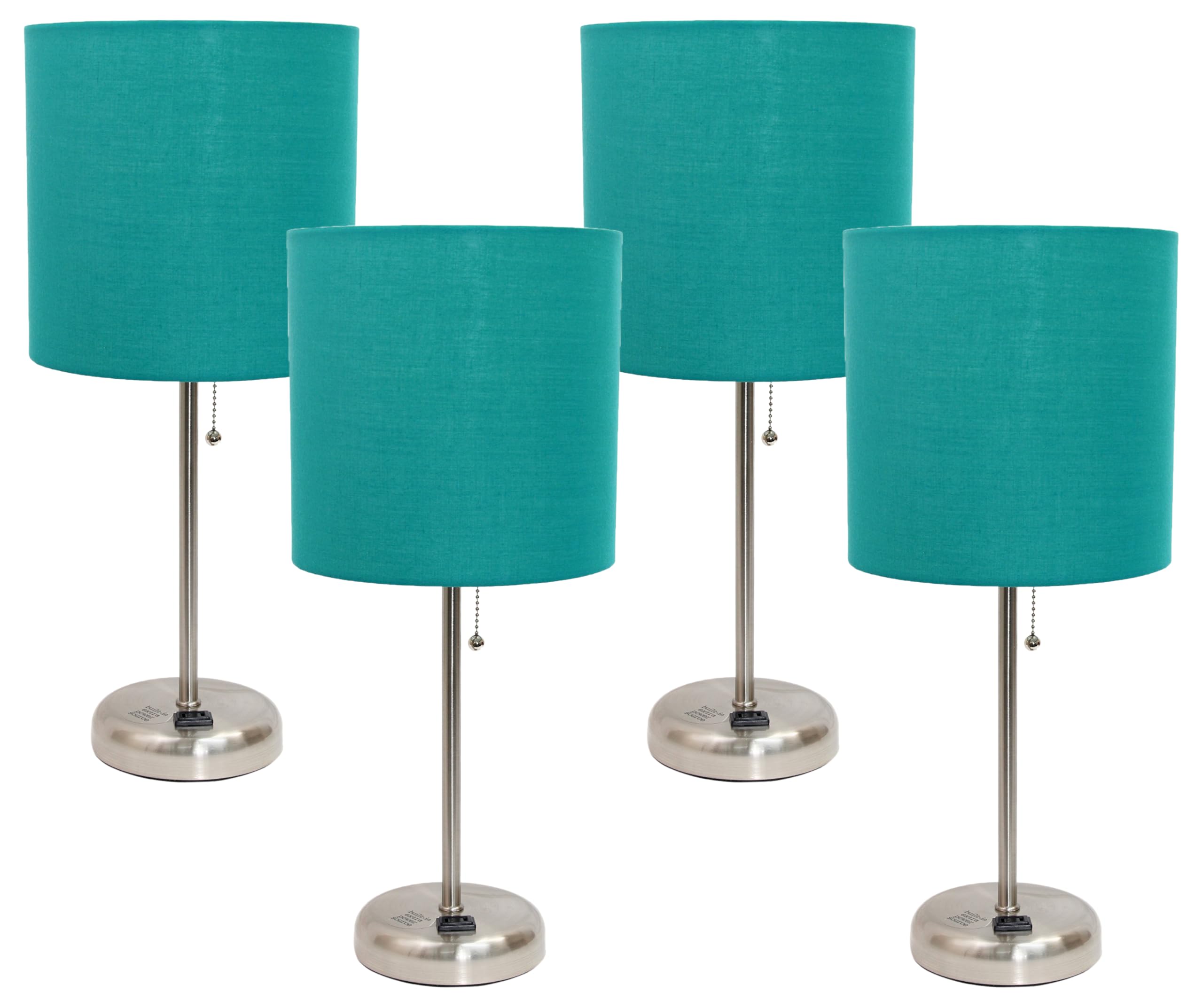 Simple Designs LT2024-TEL Brushed Steel Stick Table Desk Lamp with Charging Outlet and Drum Fabric Shade, Teal Shade (Pack of 4) Image