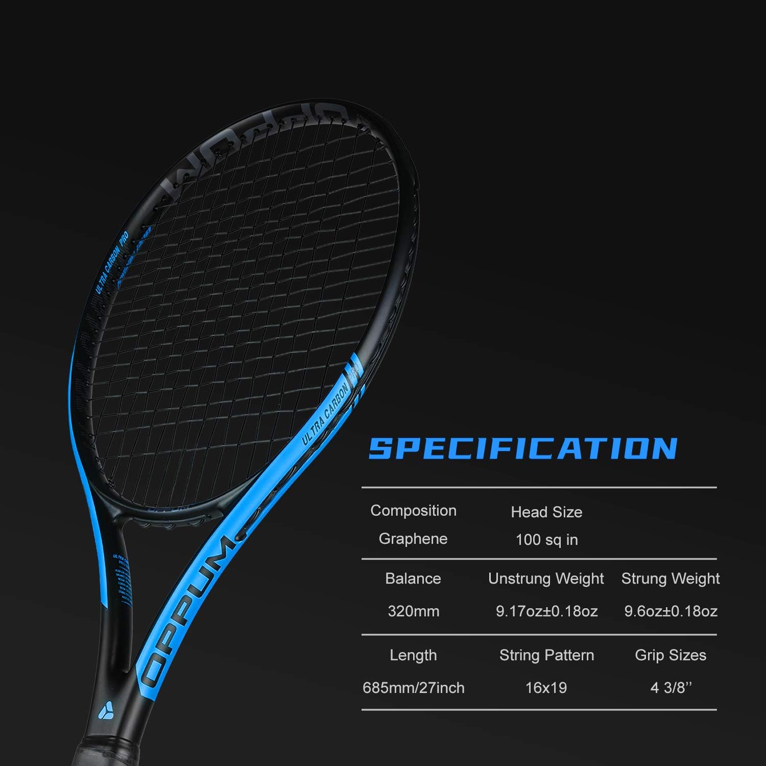 oppum New Graphene Ultra Carbon Pro Tennis Racket, 360 Super Light Speed Team Tennis Raccquet (Graphene Racket PRO-2000 (Black Blue), 4 3/8) : Sports & Outdoors