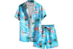 EISHOPEER Men's Flower Button Down Hawaiian Sets Casual Short Sleeve Shirt and Shorts Outfits