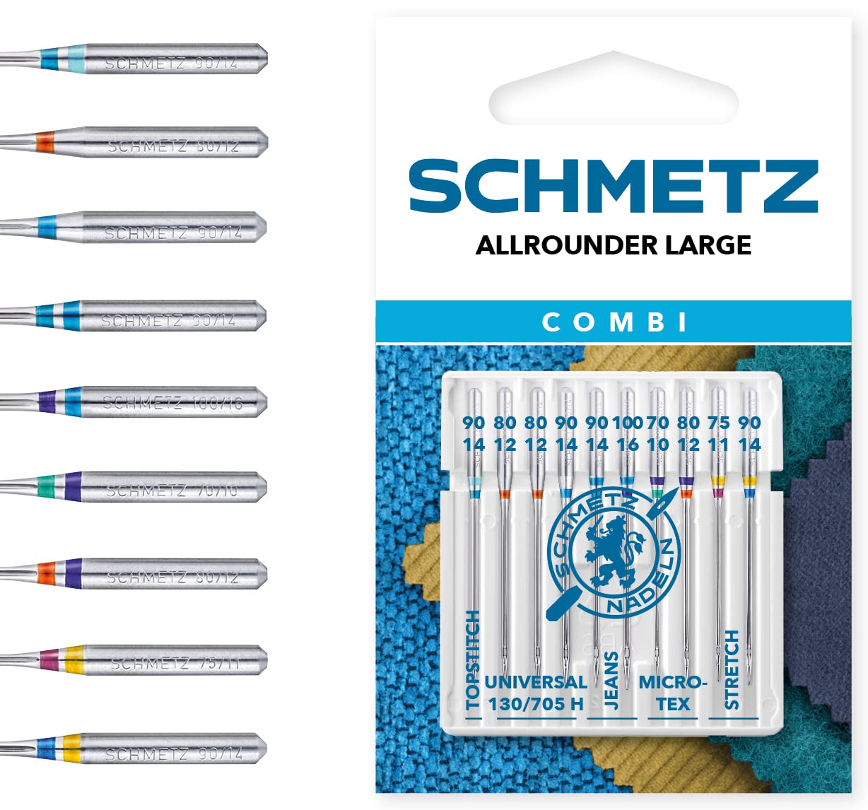 SCHMETZ | 10 Sewing Machine Needles | Combi-Box Allrounder Large | 130/705 H XWS | Assorted | Universal/Jeans/Stretch/Microtex/Topstitch